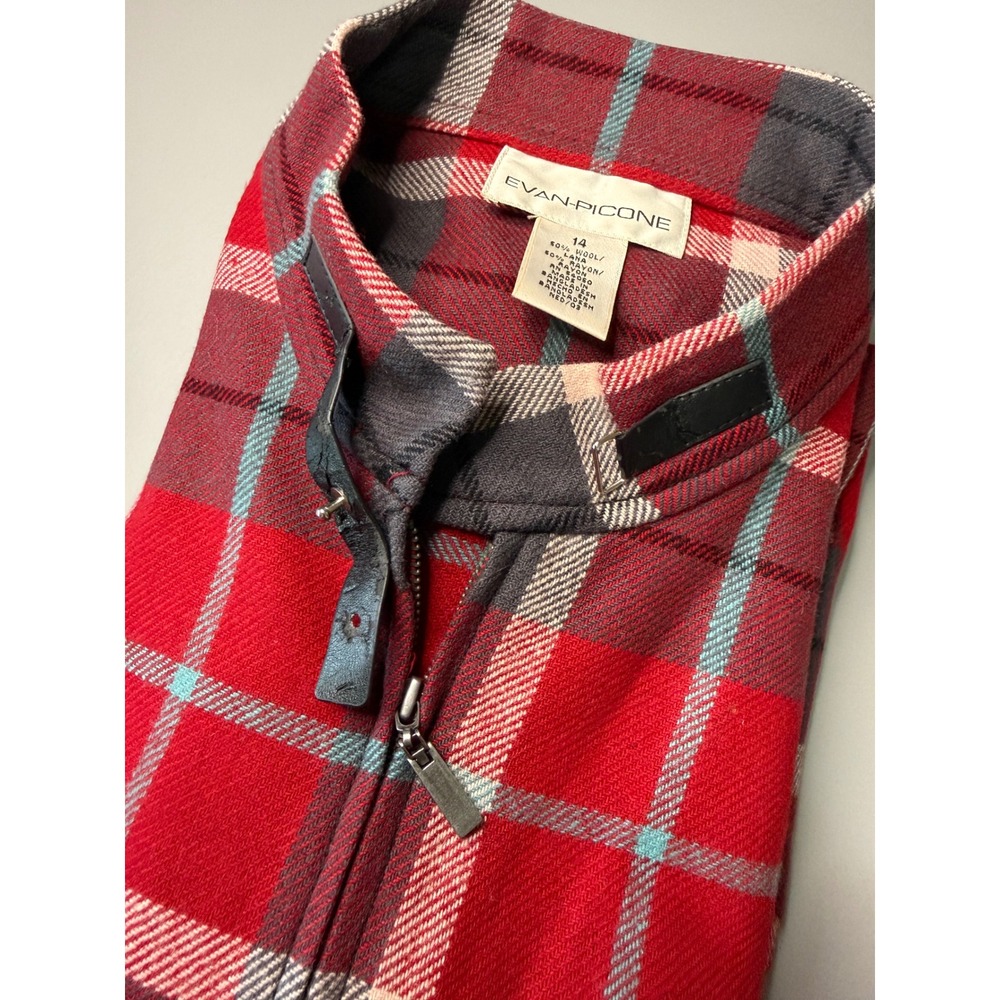 Evan-Picone Red Plaid Wool Blend Zip Up Jacket Mock Neck Faux Leather Trim 14
